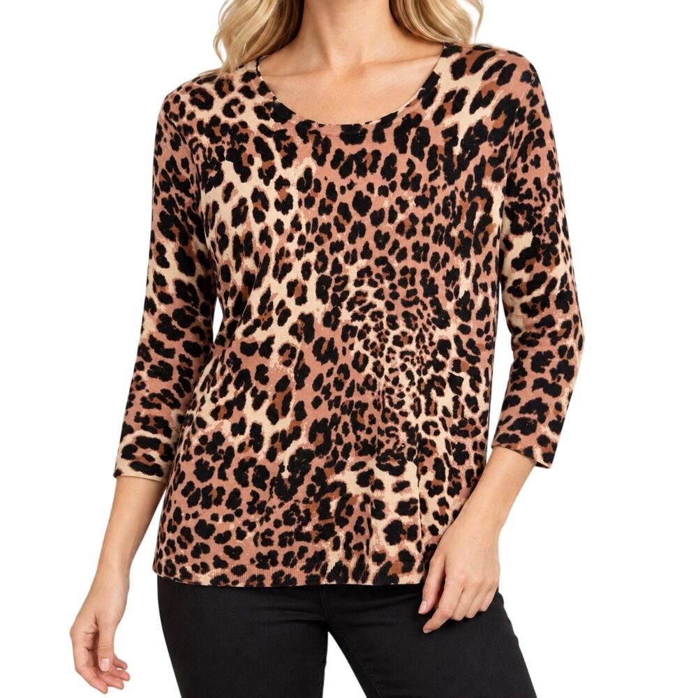 JM Collection Sz Large Brown Black Animal Print Knit Blouse Shirt Top Leopard